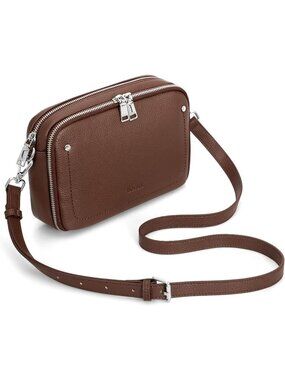 👜Women's Coffee Genuine Leather Double Zip RFID Camera Crossbody Wallet Purse